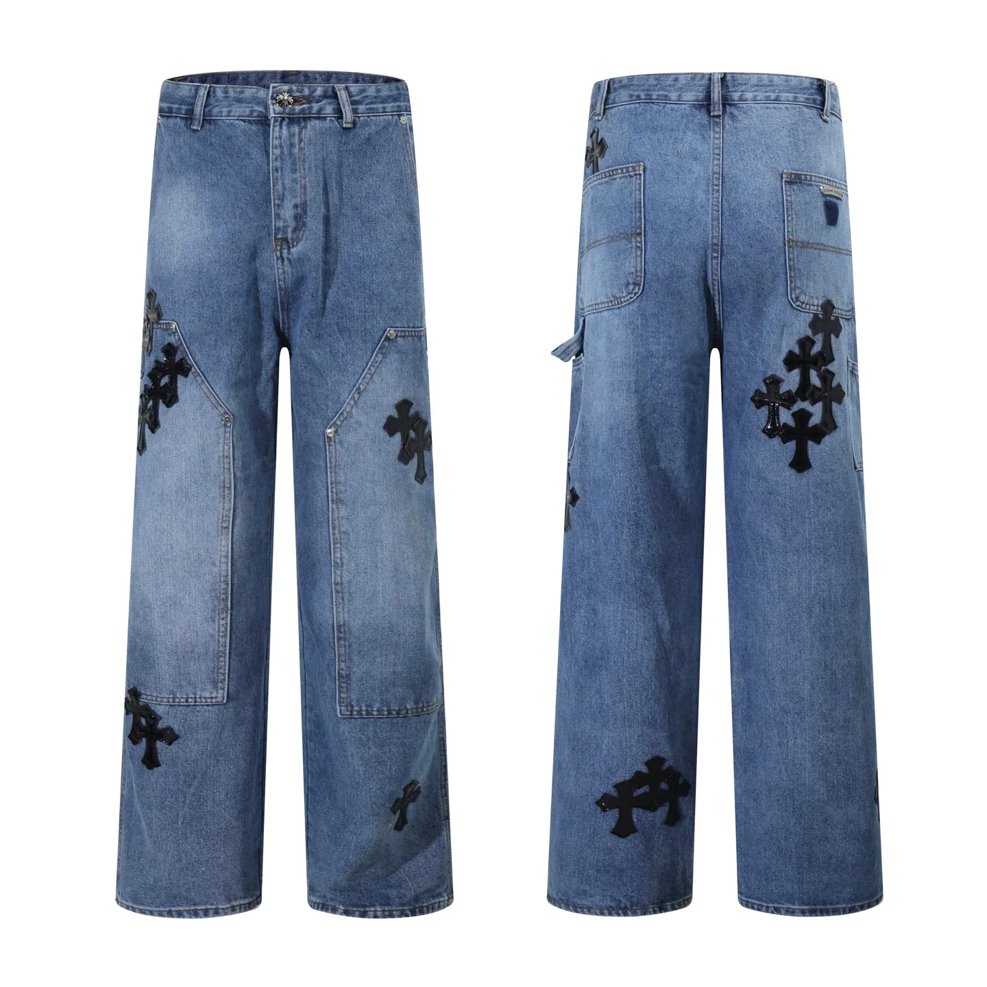 P260 Style No.: H881 Chrome Heart & Chrome Heart Blue Pants Black Metal Cross Work Jeans ChromeHearts#Design Jeans Invincible Texture Ceiling-Level Jeans Hard to Find at the Counter‼ ️ Cross patchwork leather jeans, top-notch heavy-duty washing process, calfskin laser-cut cross, distressed silver hardware, straight version to make the upper body slimmer, that lesbian style Color: blue Size: 28-30-32-34-36